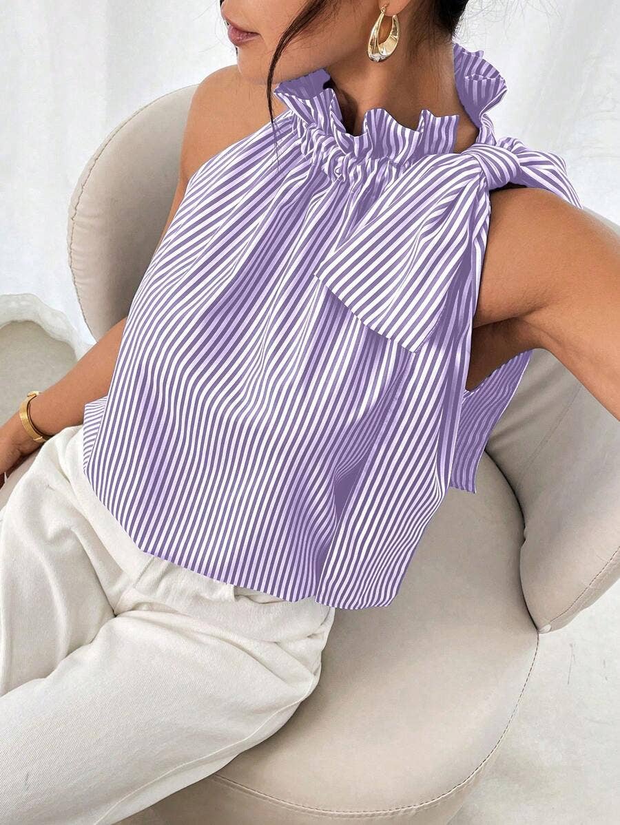 Fashion striped lace high-neck knot-tied T-shirt