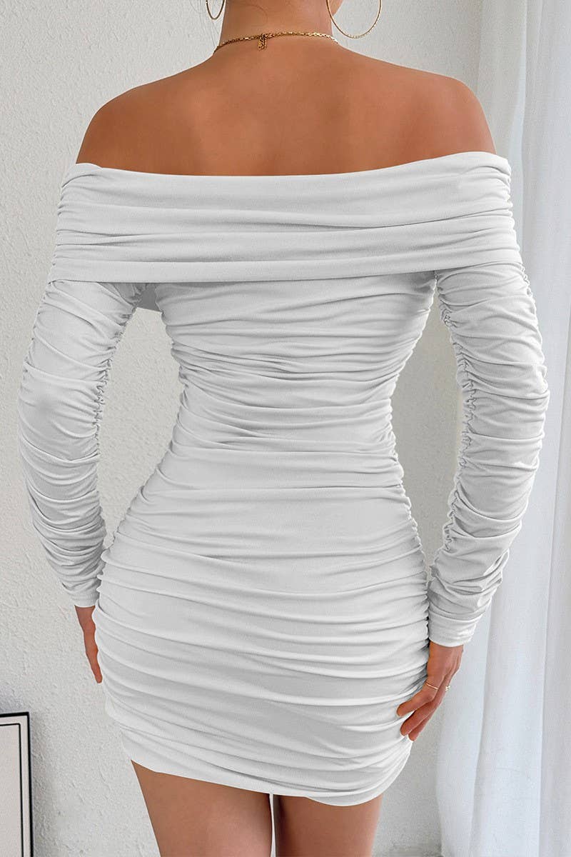 CWDSD10763_OFF SHOULDER LONG SLEEVE RUCHED BODYCON DRESS
