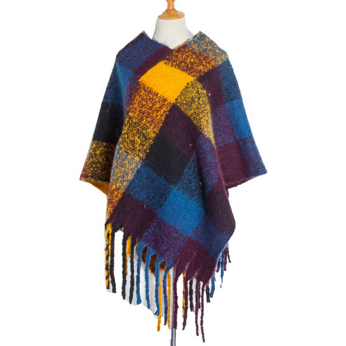 BOUCLE YARN THICK TASSEL COLORFUL PLAID SHAWL_CWASC1208