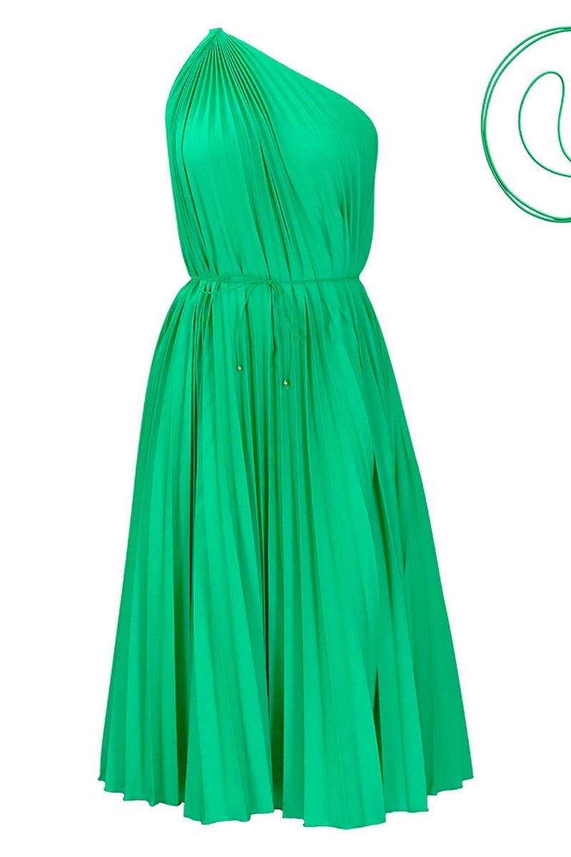 CWDSD10889_2023 SUMMER PLUS SIZE ONE SHOULDER PLEATED DRESS