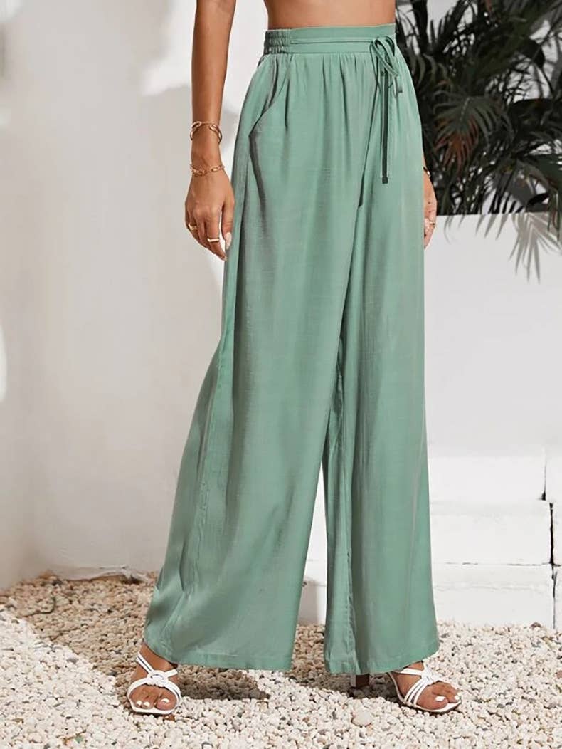 Solid-color loose tight waistband wide-leg pants