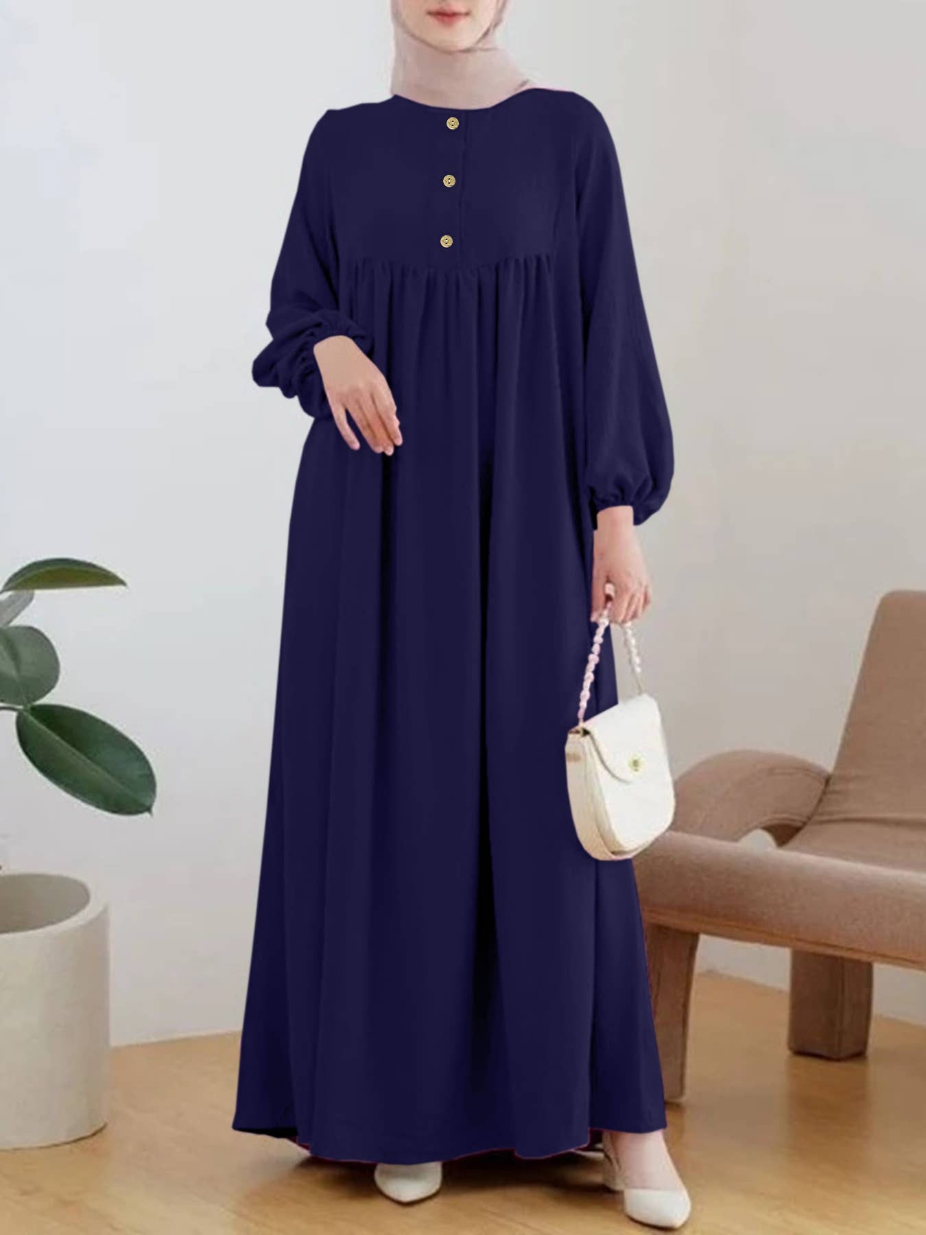Fashion puffed-sleeve loose solid-color dress