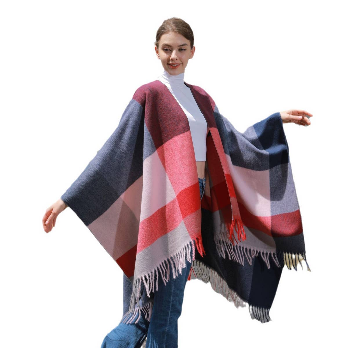 SIMPLE TASSEL MULTI-COLOR LARGE PLAID SHAWL_CWASC0942