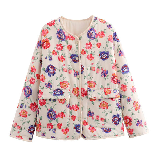FLORAL PRINT V-NECK LOOSE CARDIGAN QUILTED JACKET