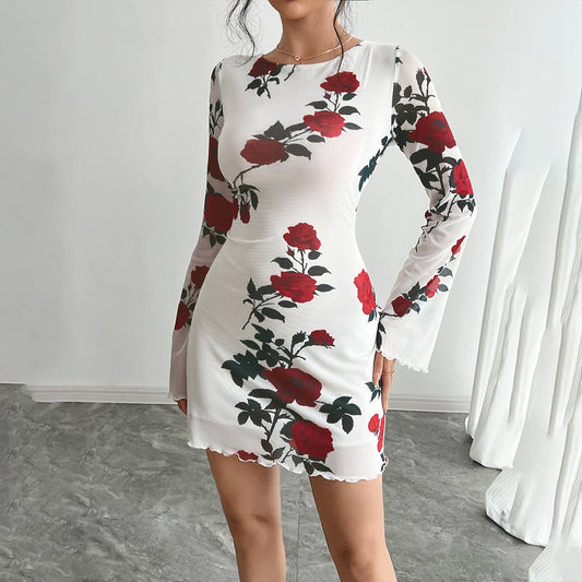 Sexy floral backless tulle flared sleeve dress
