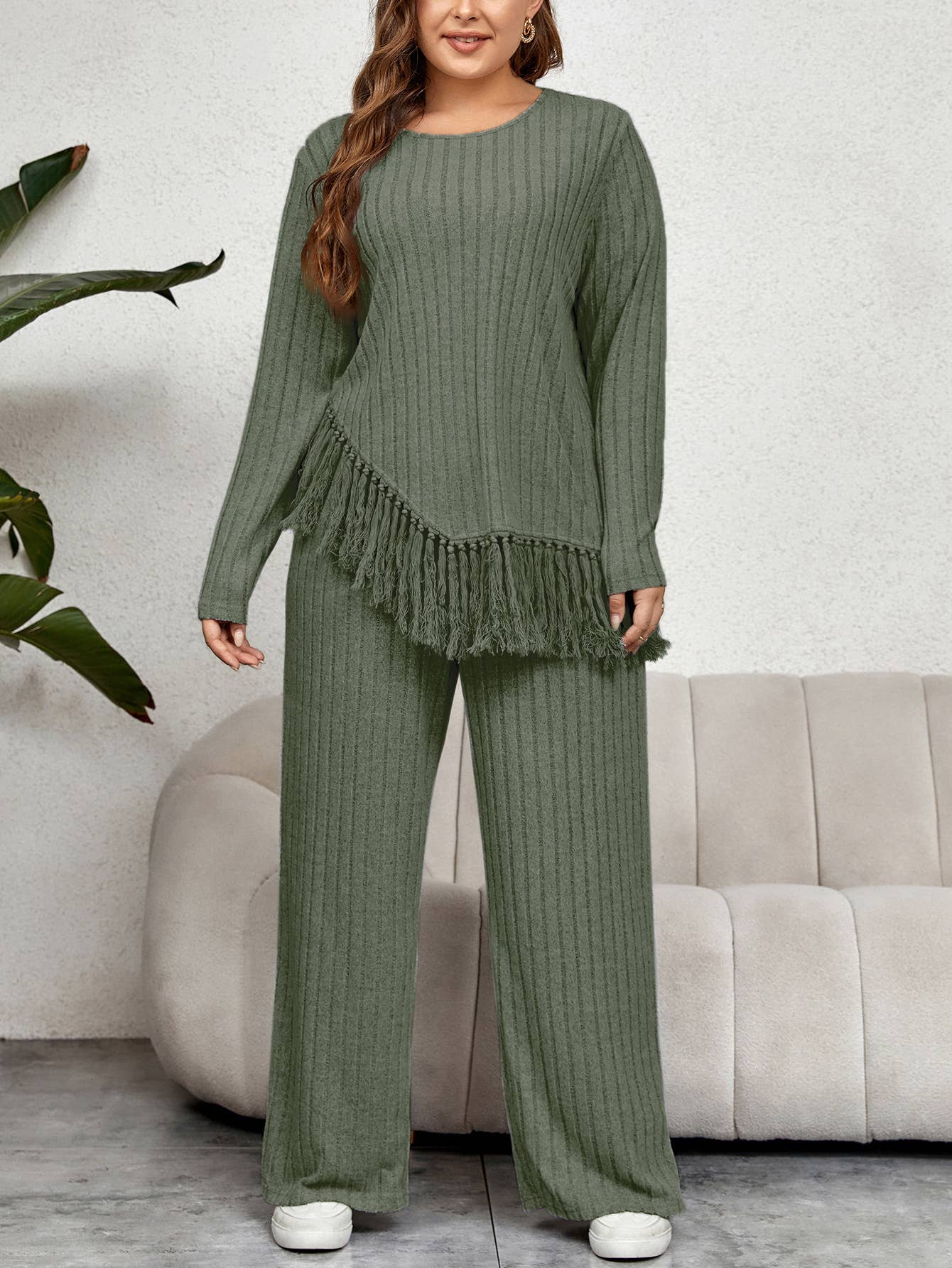 IRREGULAR FRINGE TOP LOOSE WIDE LEG PANT SUIT