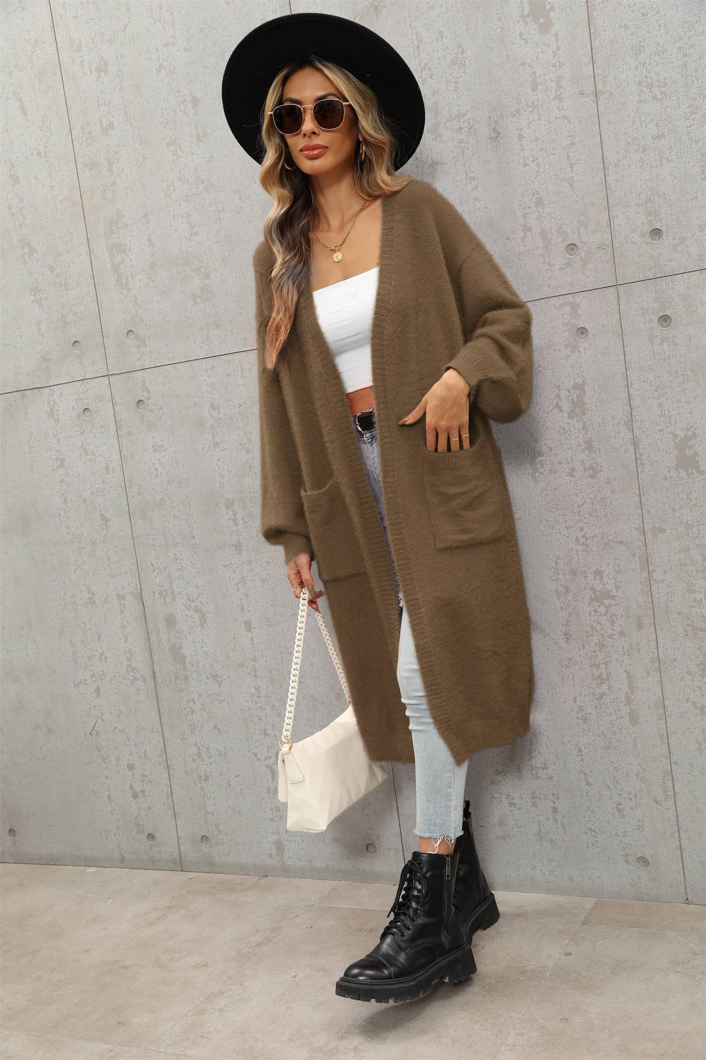 Solid color high-grade unbuttoned long cardigan
