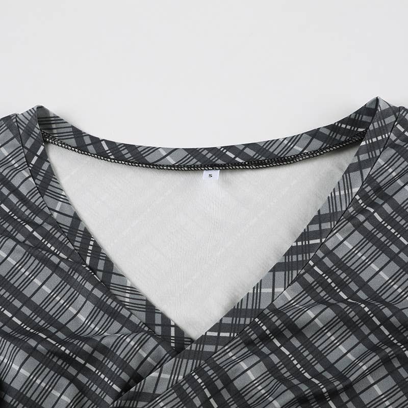 V-neck bow lace-up plaid color patchwork T-shirt