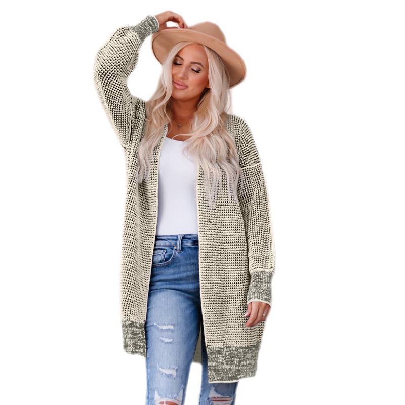 Solid color medium long knit cardigan jacket for women