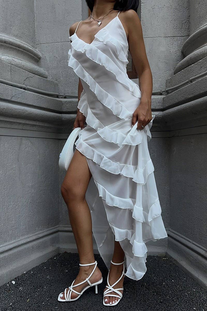 CWDMD5243_RUFFLE HEM SLEEVELESS SPLIT MAXI DRESS