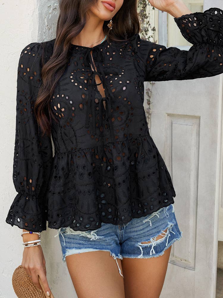 Solid color hollow leisure loose lace-up cardigan