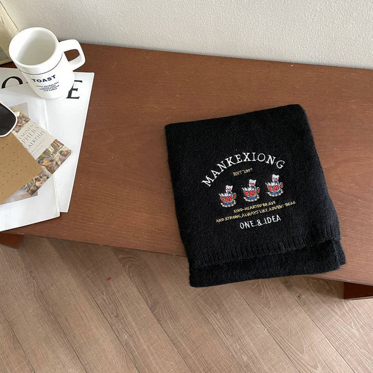 CUTE BEAR EMBROIDERY SOLID COLOR KNITTED SCARF