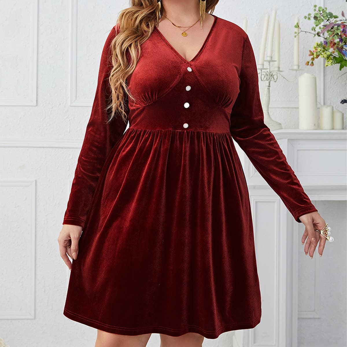 Deep Red V-Neck Slim Fit High Waist Dress