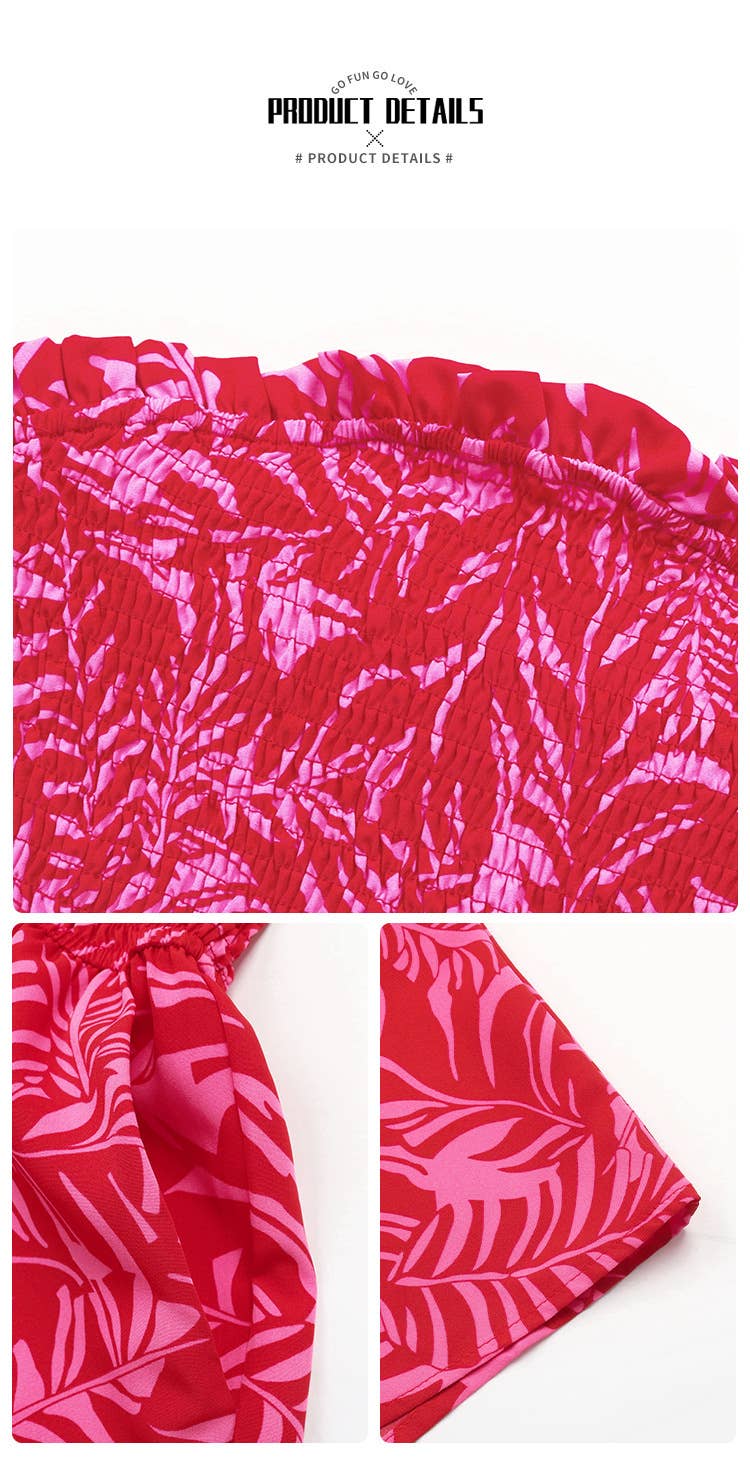 ONE-LINE SHOULDER ELASTIC PRINT TOP UP JUMPSUIT