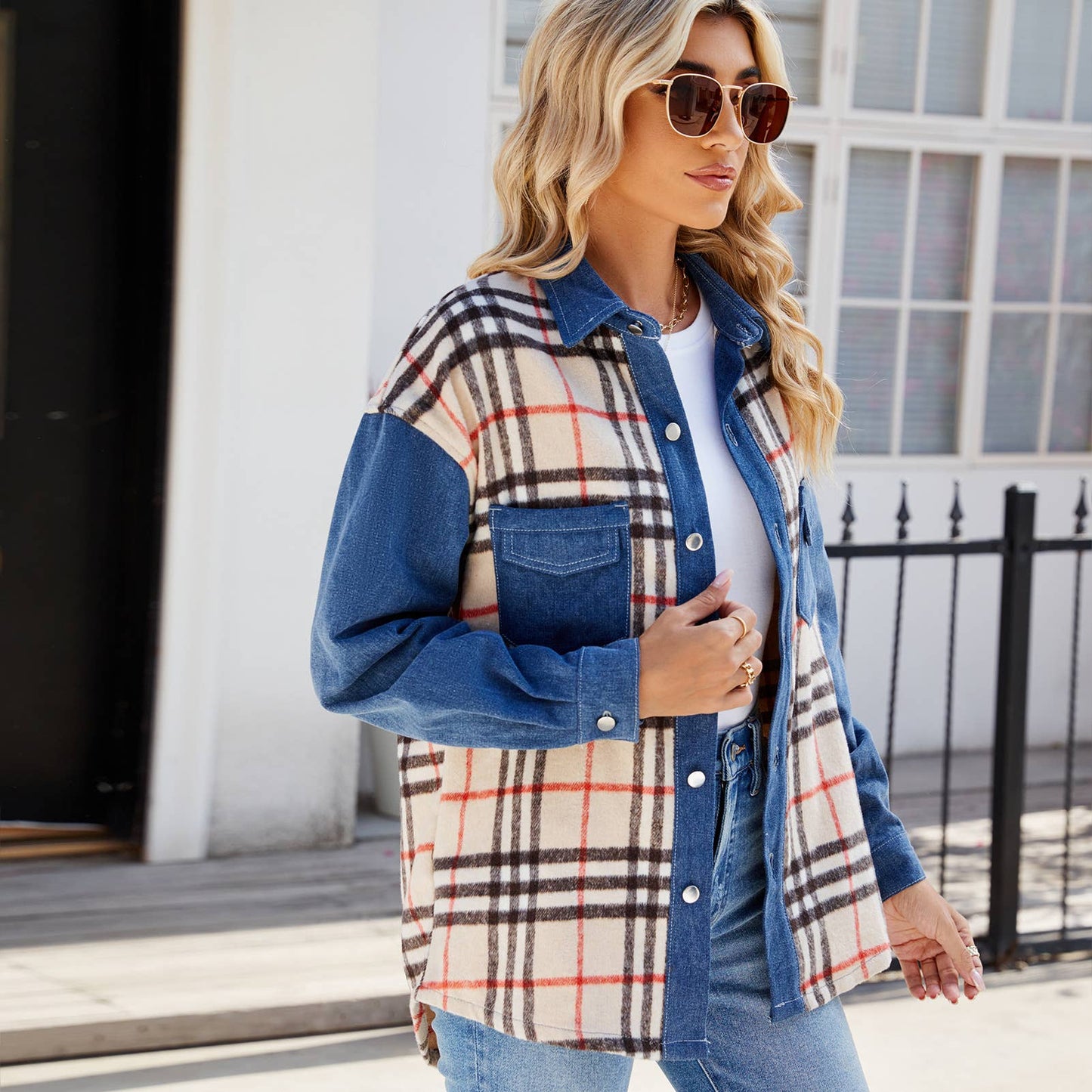 WASHED PLAID CASUAL DENIM LONG-SLEEVED JACKET