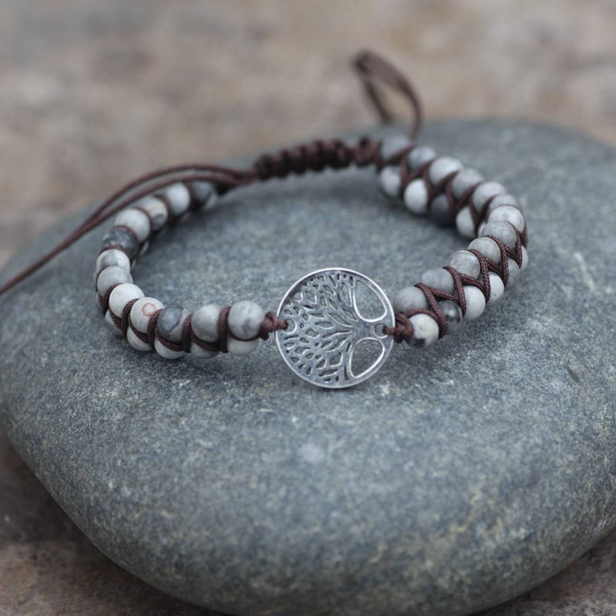 TREE SHAPED PENDANT NATURAL STONE WOVEN BRACELET