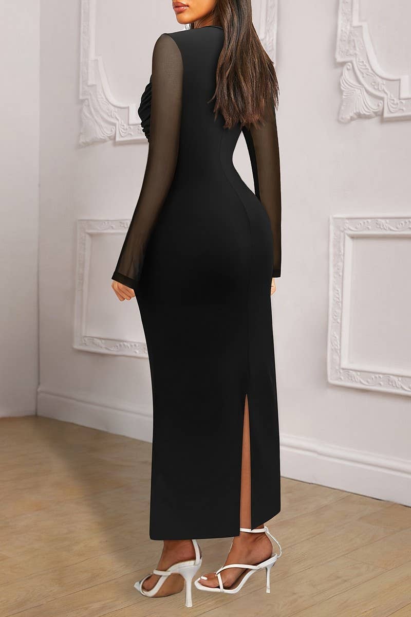 CWDMD5064_ELEGANT STITCHING SEE-THROUGH ROUND NECK DRESS