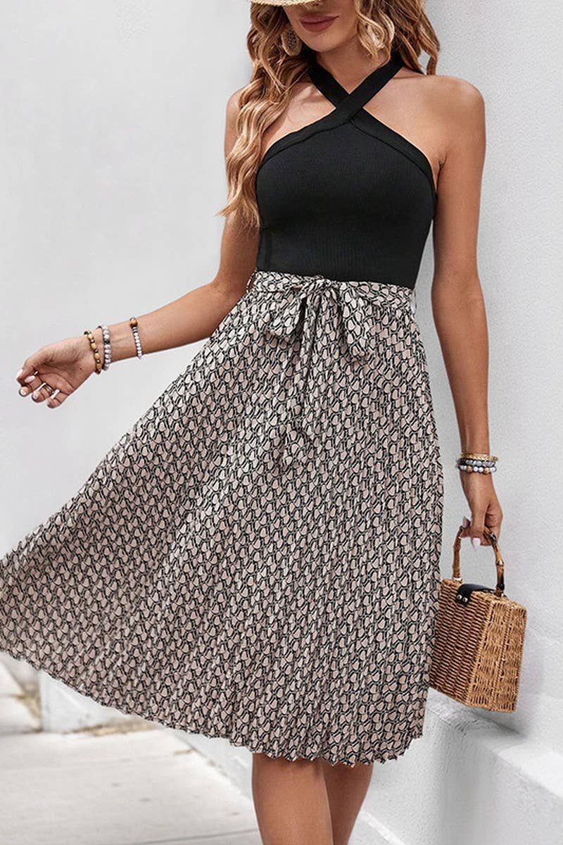 CWDMD4532_HALTER NECK SLEEVELESS COLORBLOCK CROSS NECK DRESS