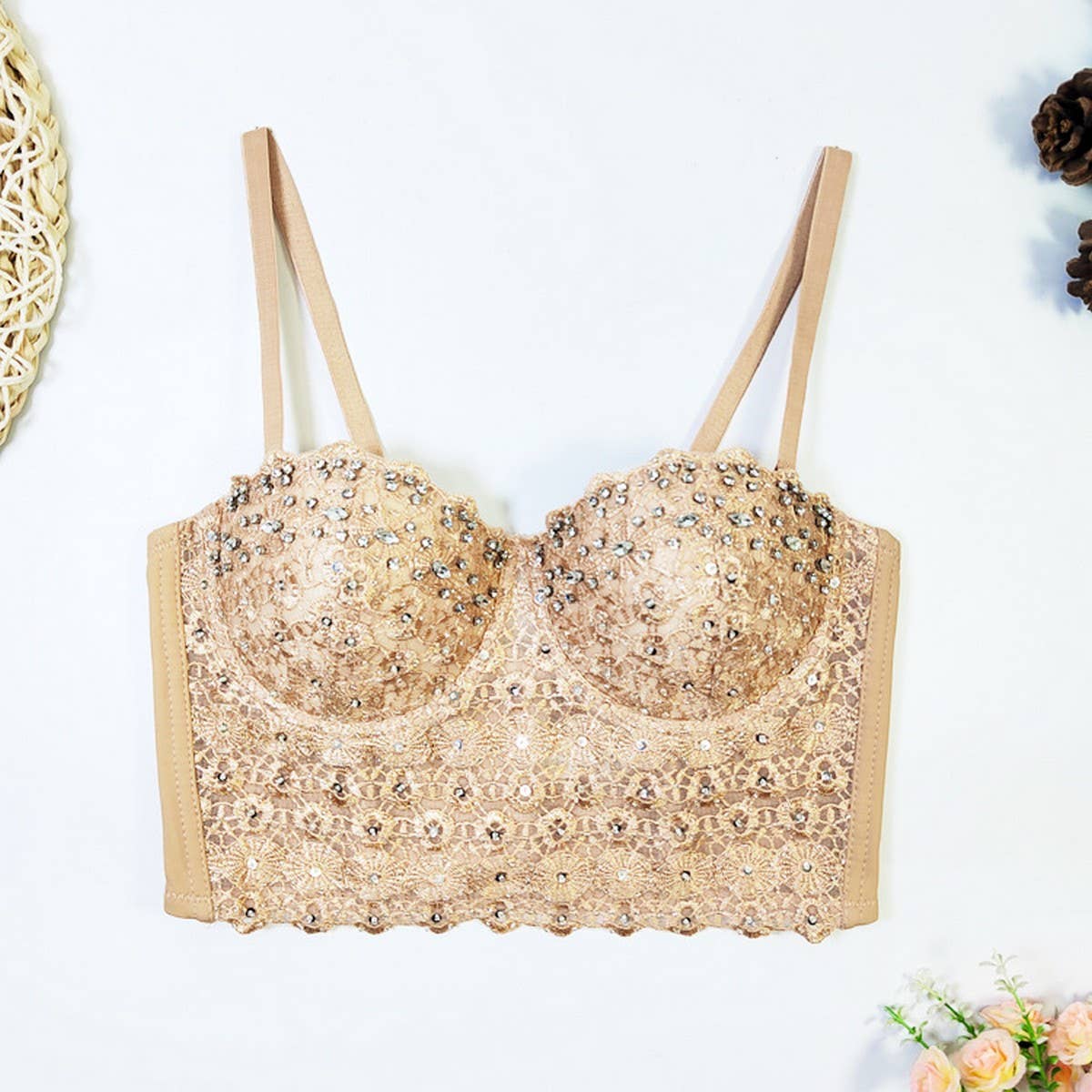 LACE SUSPENDER DIAMOND BEADED HERRINGBONE BRA