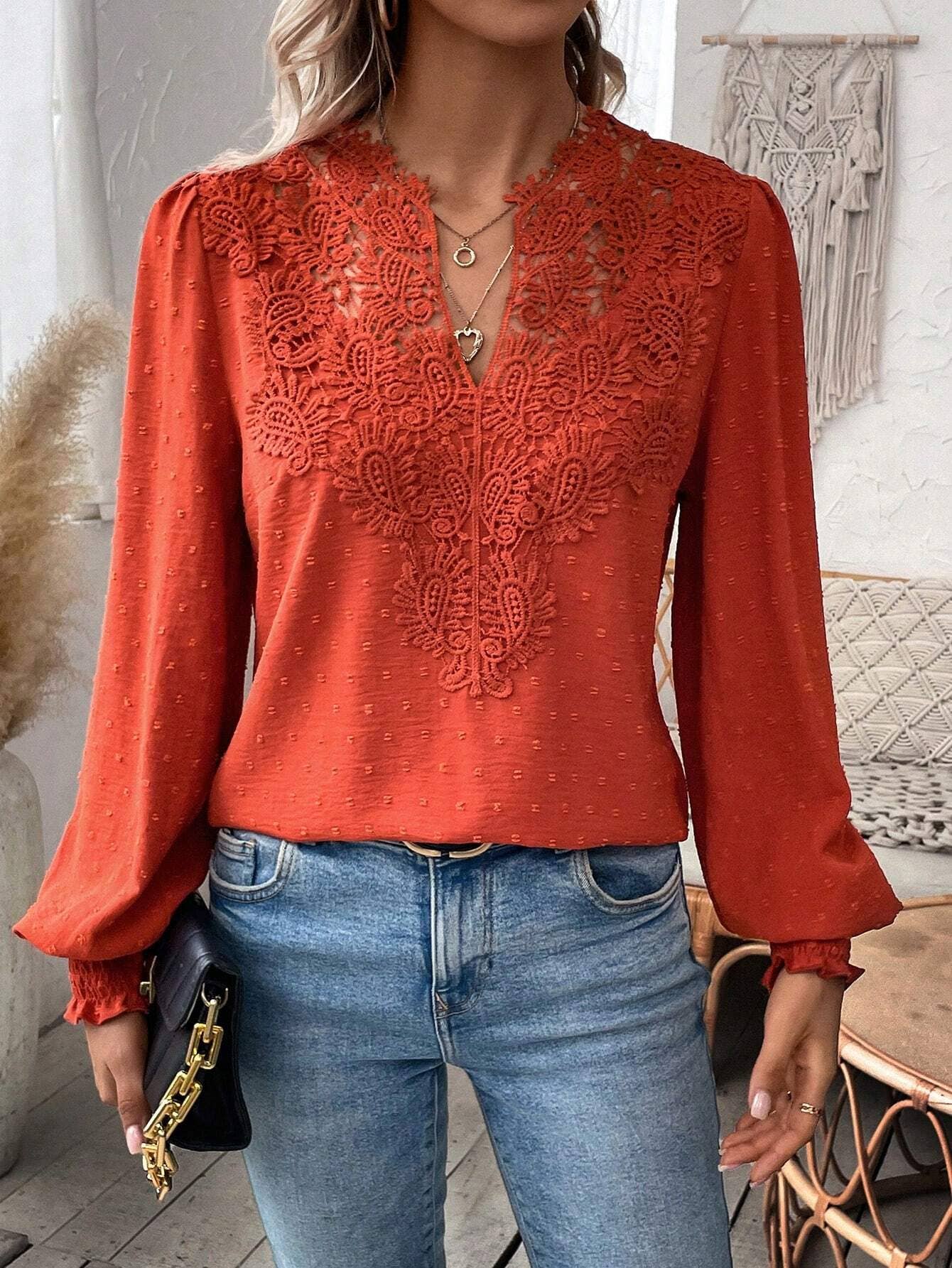 Fashion V-neck lace long sleeve casual T-shirt