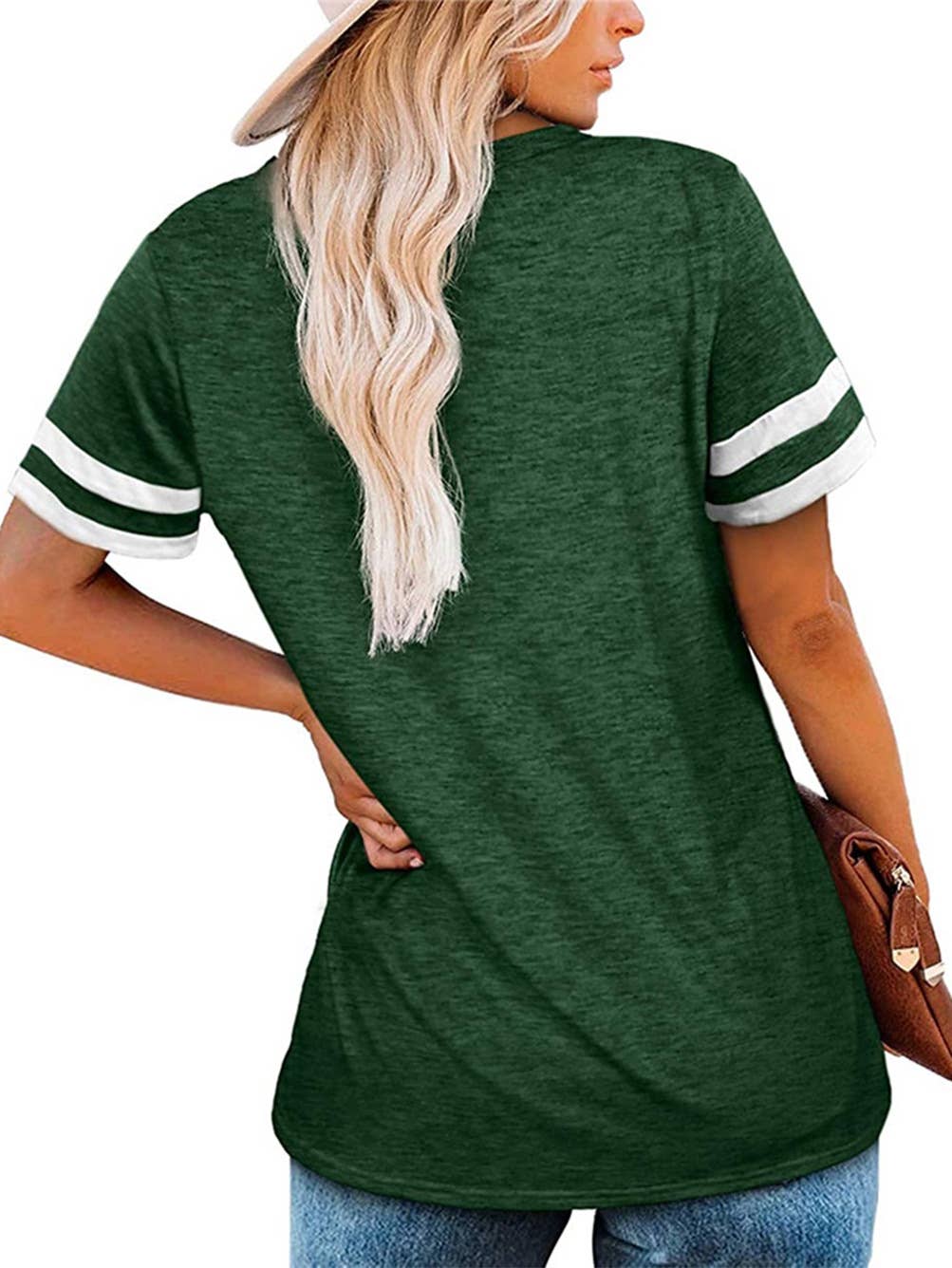 V-NECK SHORT SLEEVE COLOR MATCHING LOOSE TOP