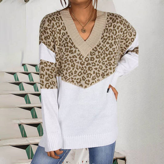 Leopard print spliced V-neck pullover