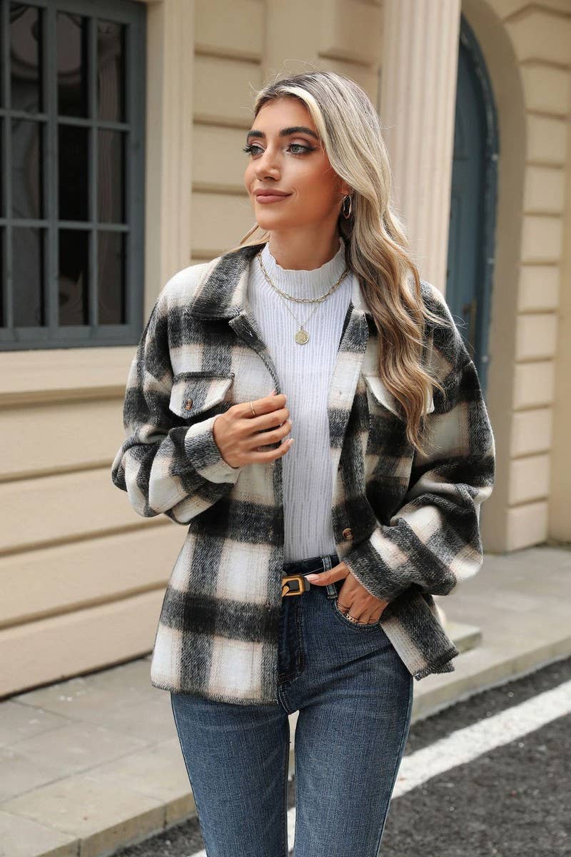 CWOCO0874_LONG SLEEVE LOOSE STRIPED PLAID CARDIGAN COAT