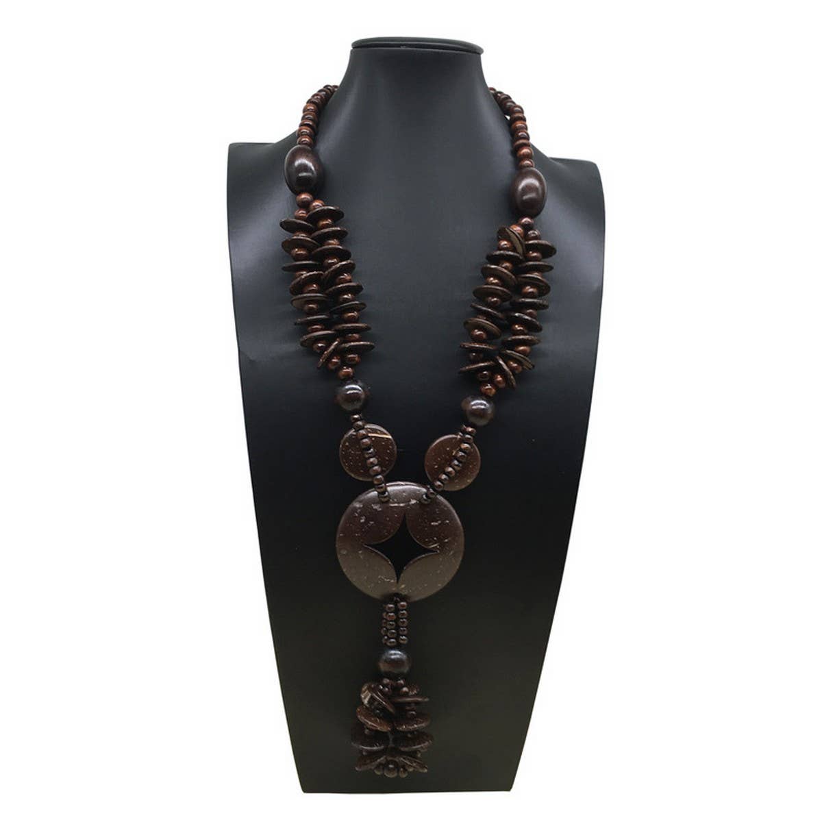 ETHNIC COCONUT SHELL WOOD BEADS LONG NECKLACE