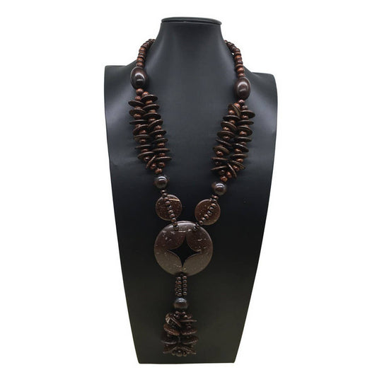 ETHNIC COCONUT SHELL WOOD BEADS LONG NECKLACE
