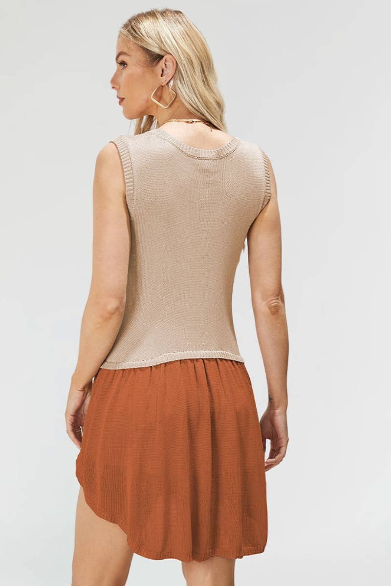 CWDHL0320_WOMEN'S KNITTED SLEEVELESS PATCHWORK DRESS