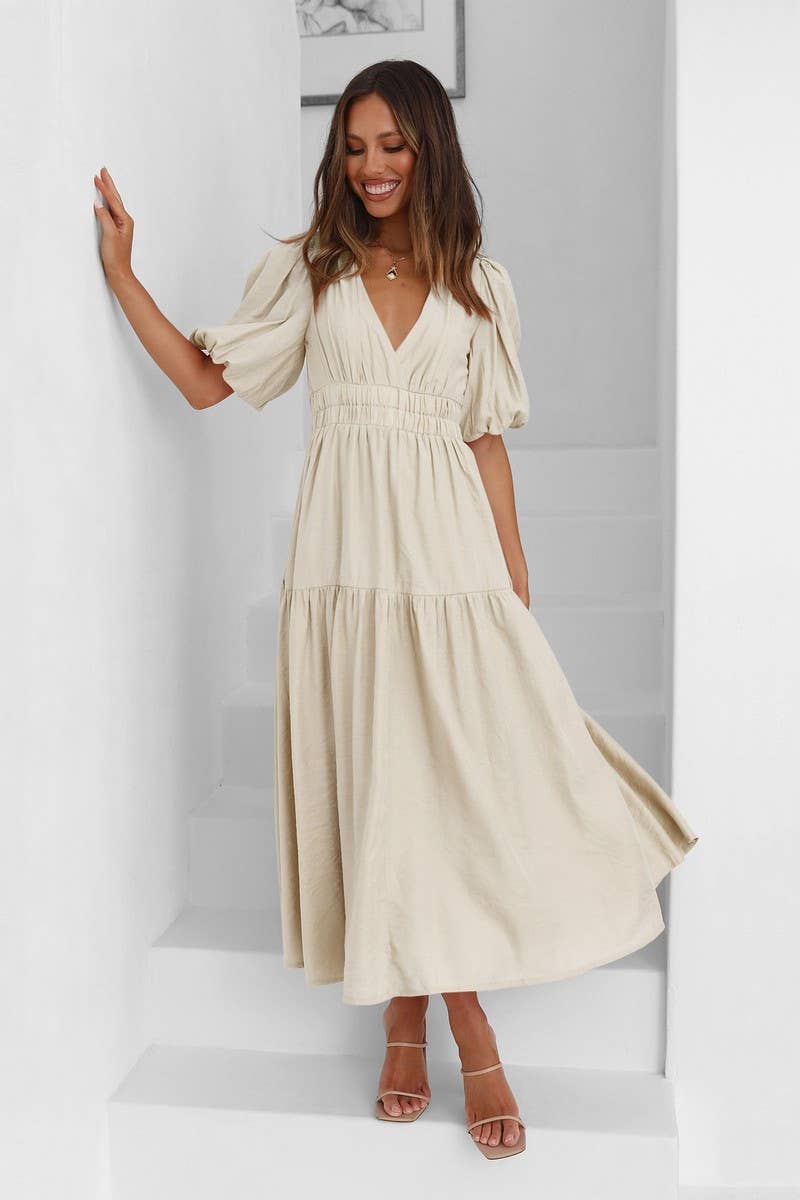 CWDSD8159_LANTERN SLEEVE TIERED FLARE MIDI DRESS