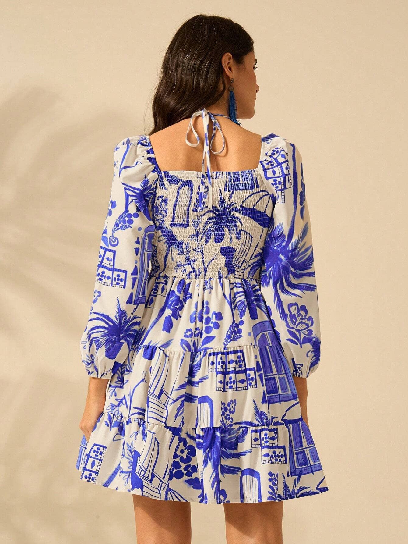 V-neck cinched waist lantern sleeve lace-up dress