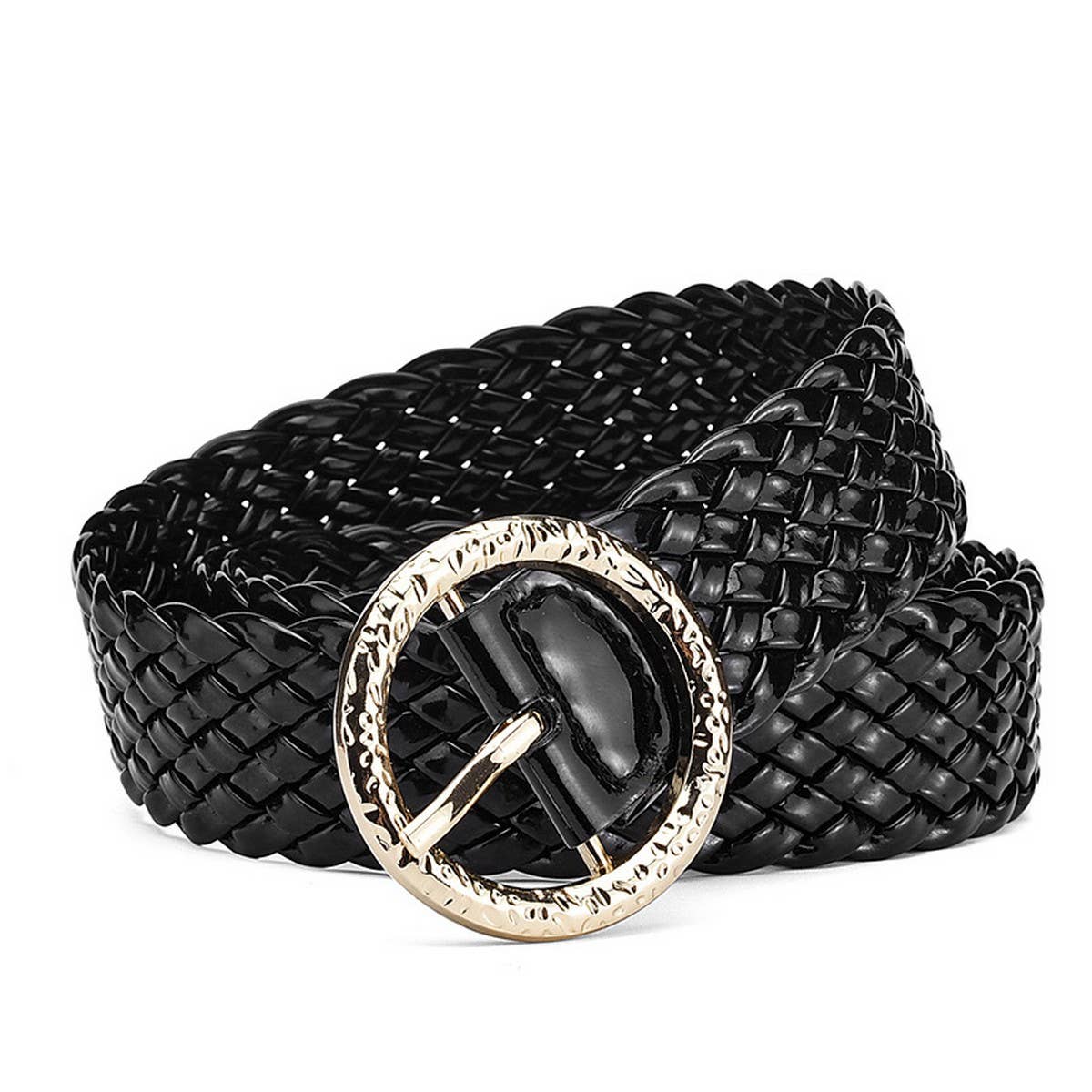 METAL ROUND BUCKLE PATENT LEATHER BRAIDED WIDE BELT