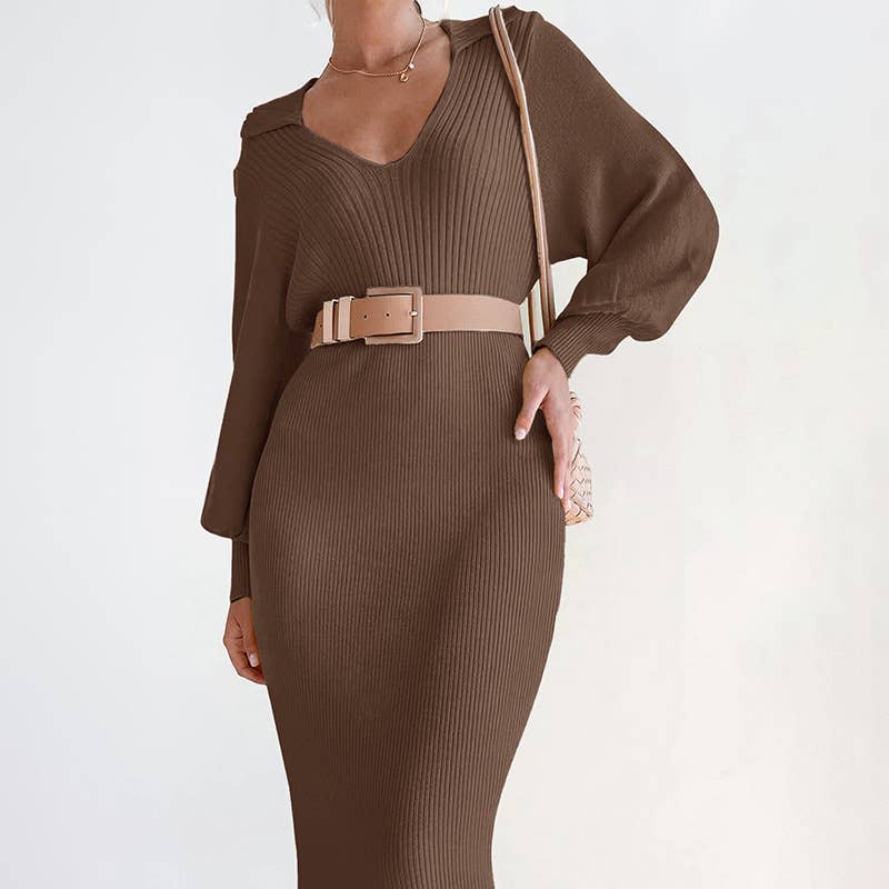 V-neck tie solid color elegant knitted dress