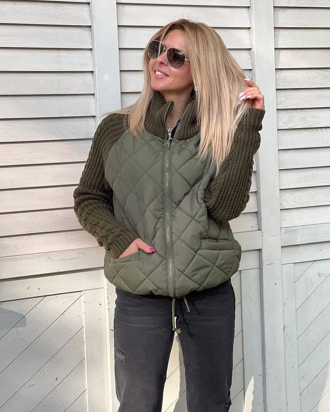 ZIPPER LONG SLEEVE STAND-UP COLLAR QUILTED JACKET