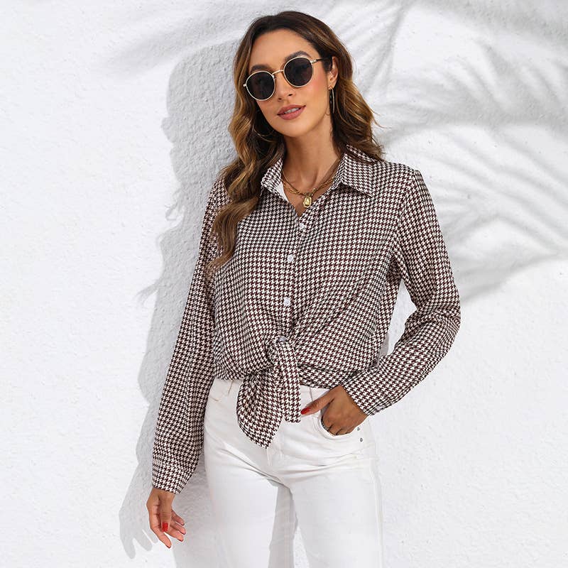 Lapel checked loose casual long-sleeved shirt