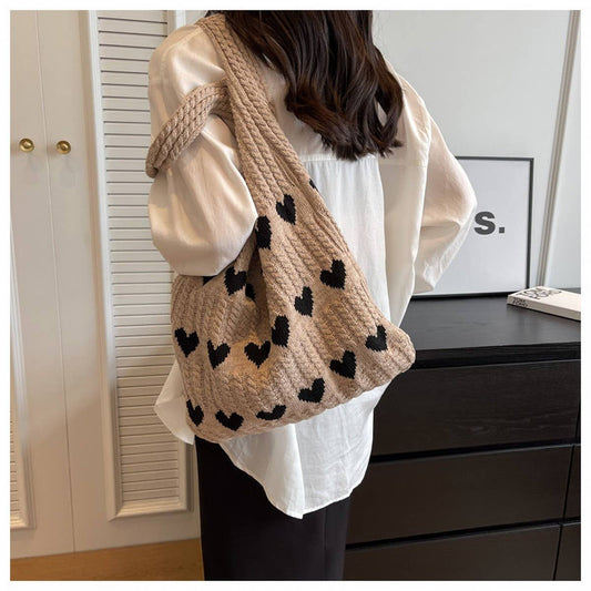 CWAB4569_HEART PATTERN KNITTED LARGE CAPACITY TOTE BAG