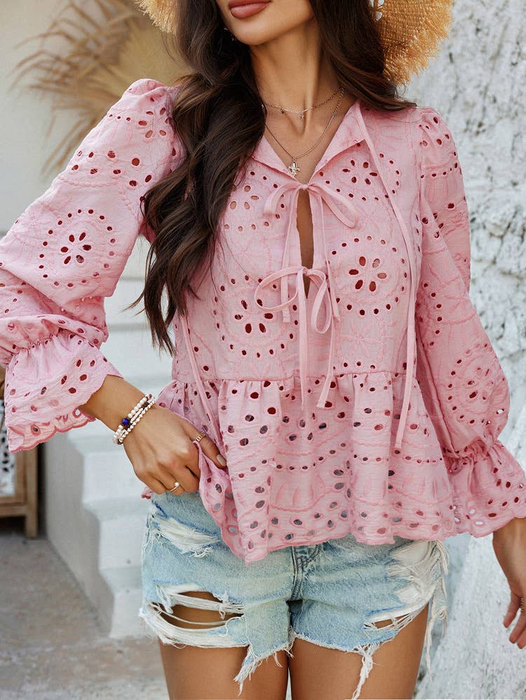 Solid color hollow leisure loose lace-up cardigan