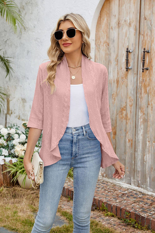 Three-quarter sleeve ruffled solid color cardigan