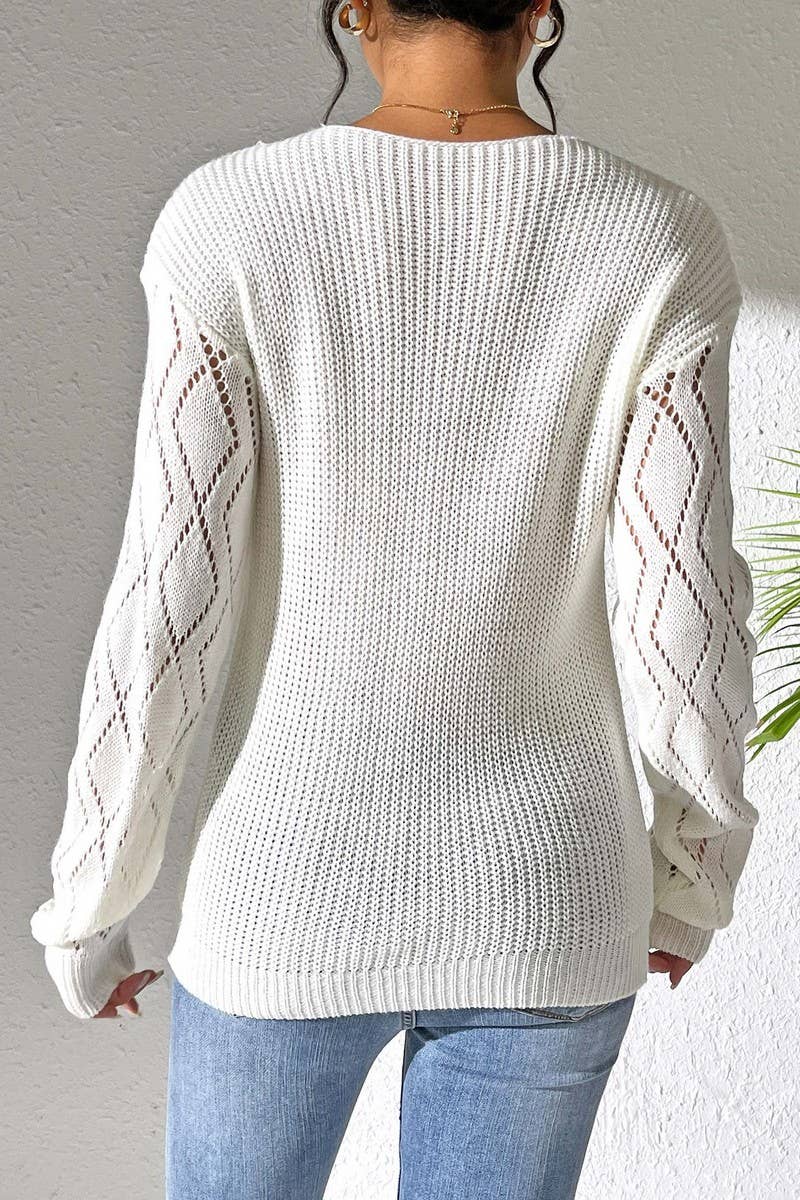 CWOSWL07385_WOMEN LACE V NECK COLOR BLOCK KNIT TOP