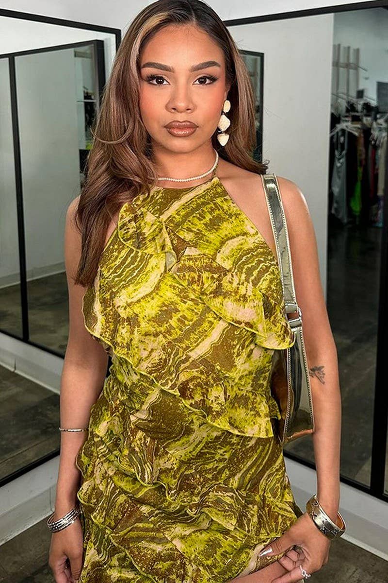 CWDSD10502_HALTER NECK RUFFLE TRIM BODYCON DRESS