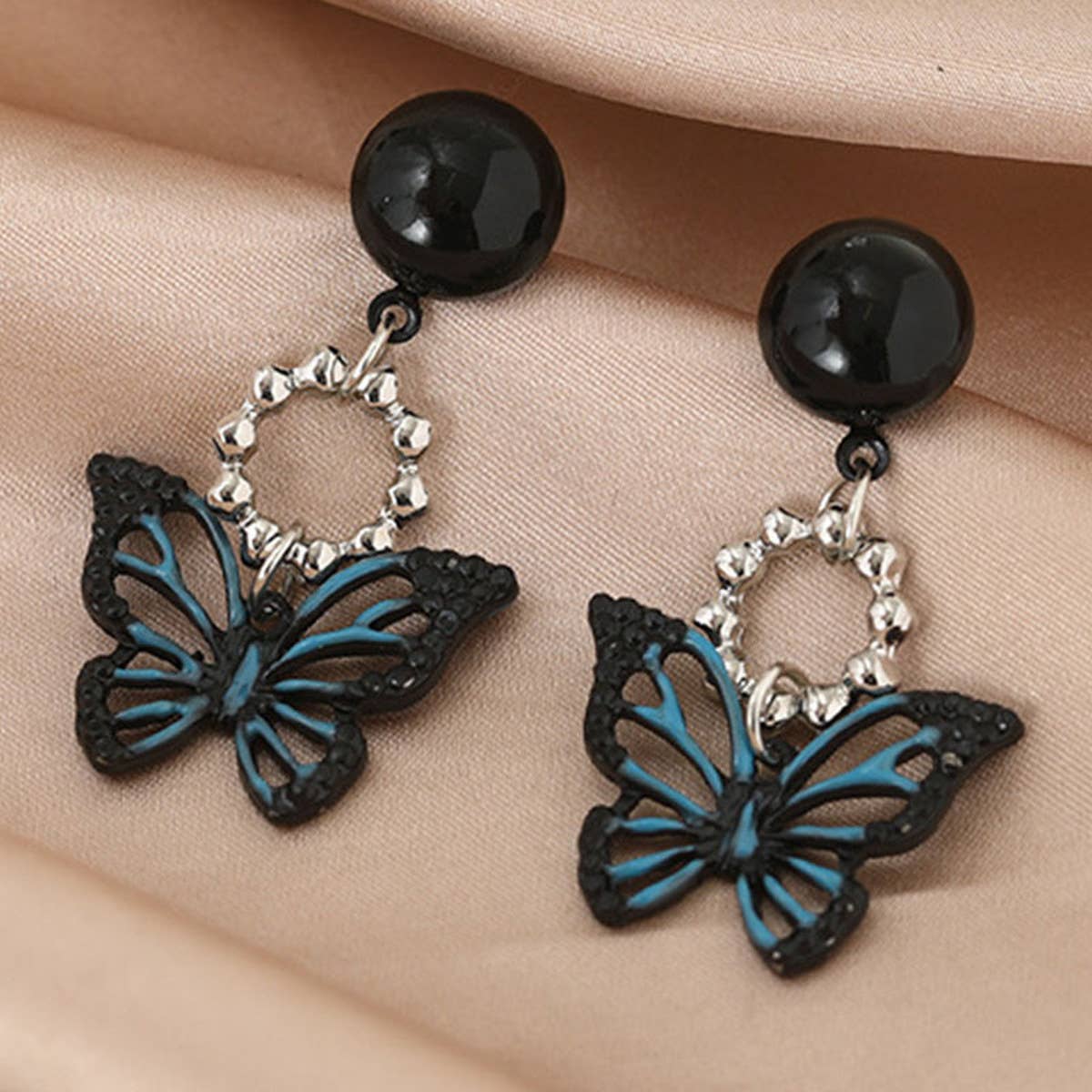 BUTTERFLY PAINTING OIL BLACK HOLLOW EARRINGS_CWAJE2448