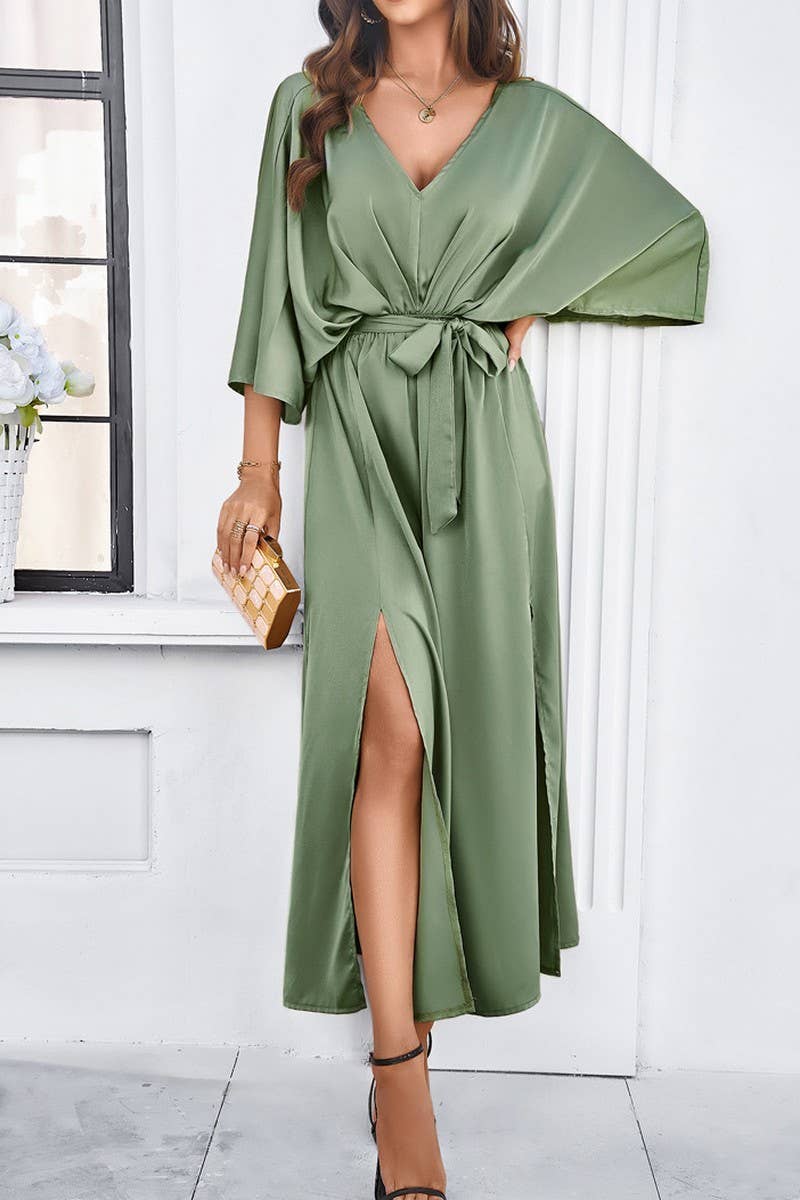 CWDMD1334_V-Neck 3/4 Sleeve With Belt Maxi Dresses