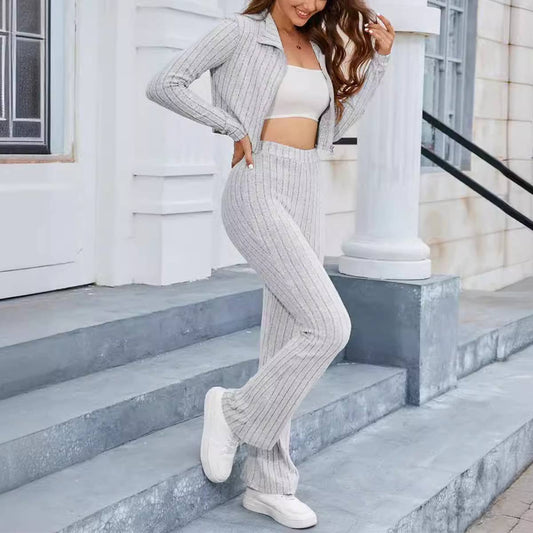 ZIP-UP CARDIGAN WIDE-LEG PANTS TWO-PIECE SET