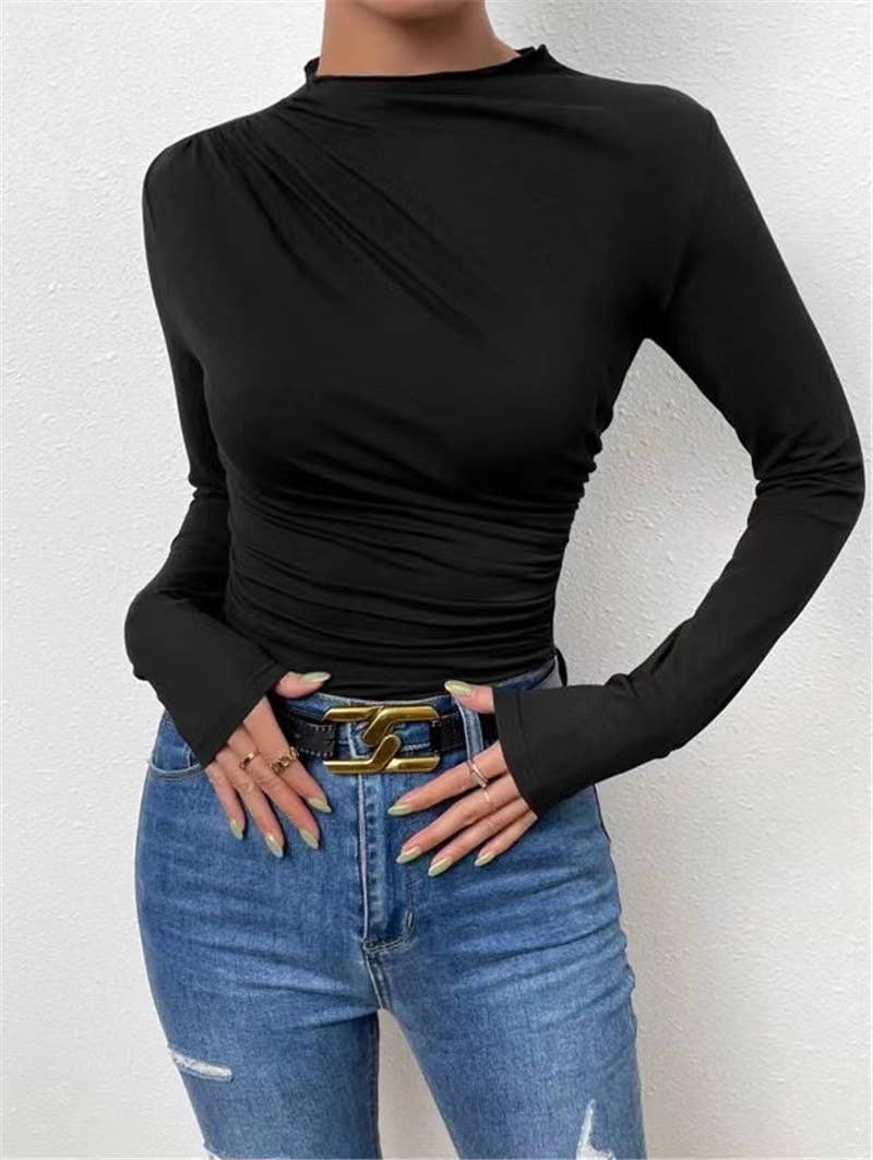 Ruching design feeling pure color T-shirt