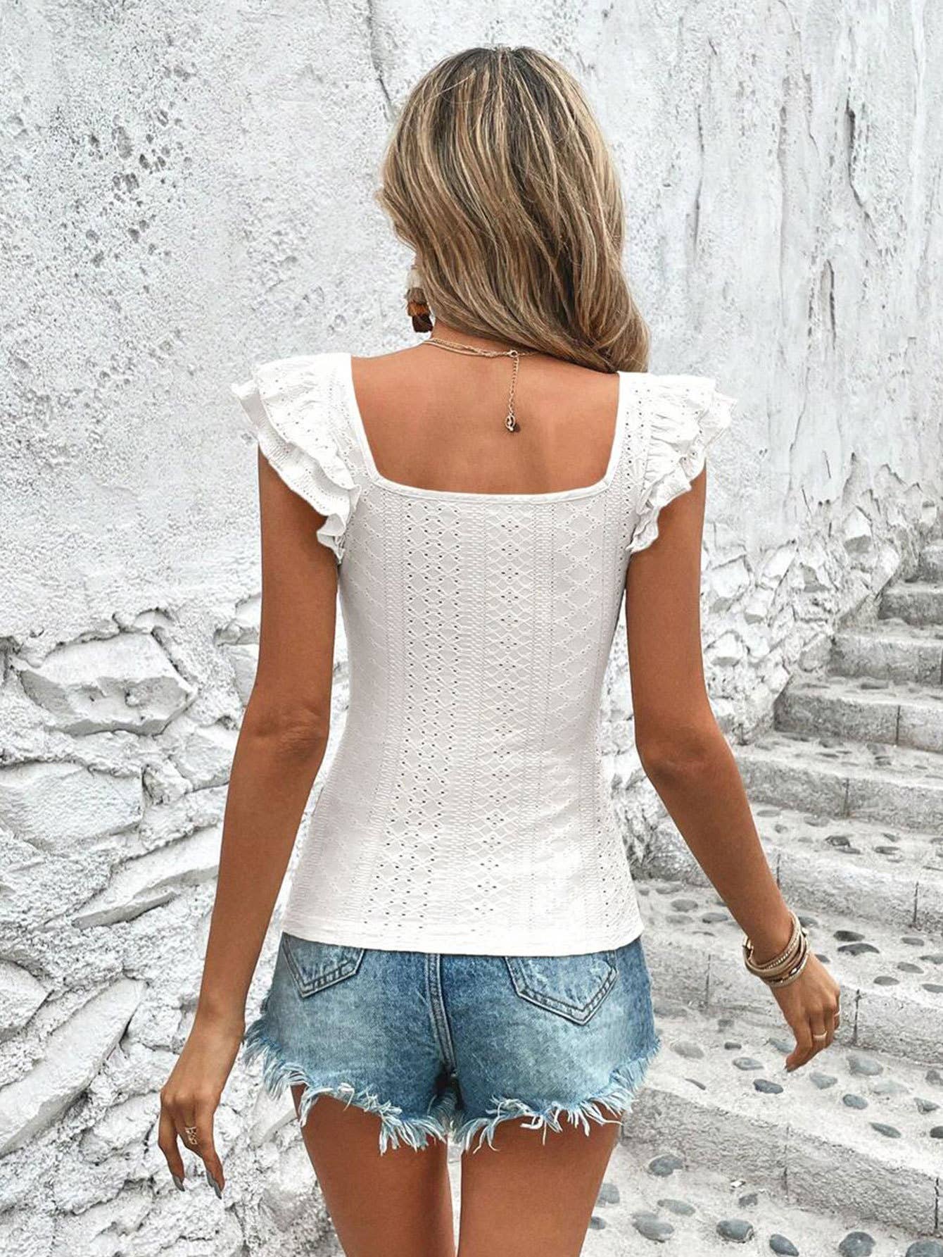 Square Neck Ruffle Trim Slim Fit T-Shirt