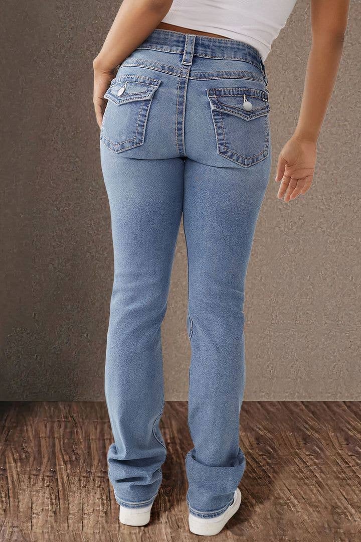 DOUBLE BUTTON MID-WAIST STRAIGHT LEG JEANS