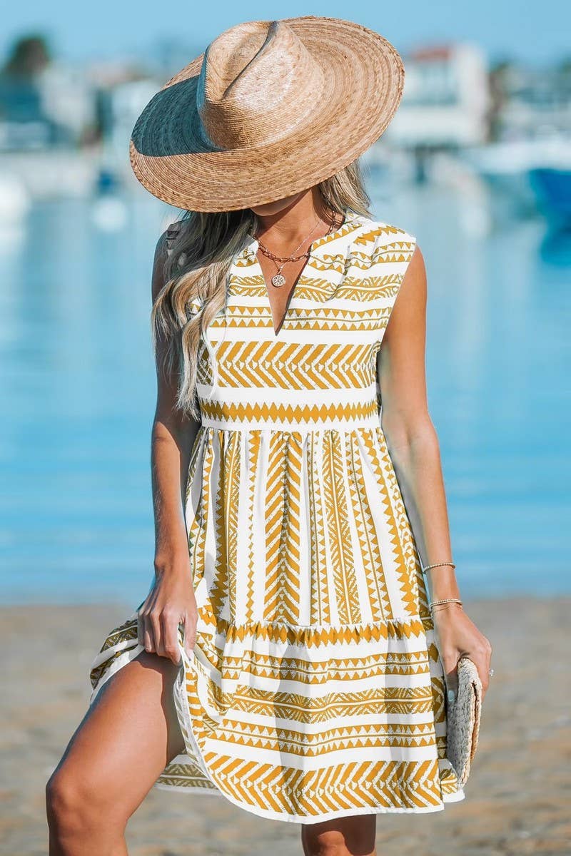 CWDSD6626_STRIPED SLEEVELESS VEST V-NECK PRINTED DRESS