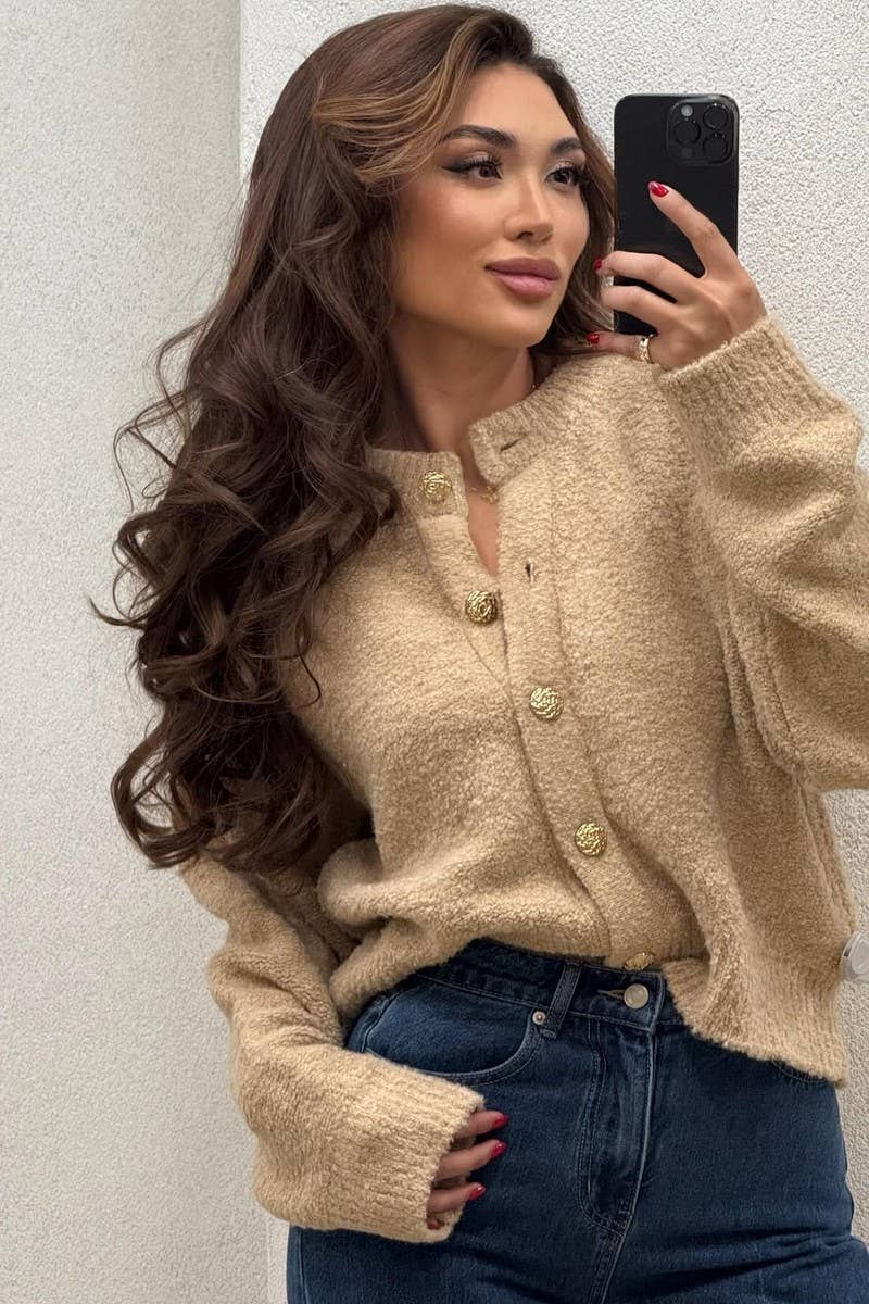 CWOCAL2356_SOLID COLOR CREWNECK BUTTON CARDIGAN