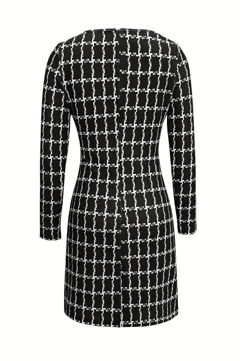 CWDSD7592_ELEGANT COMMUTER SQUARE NECK PLAID DRESS
